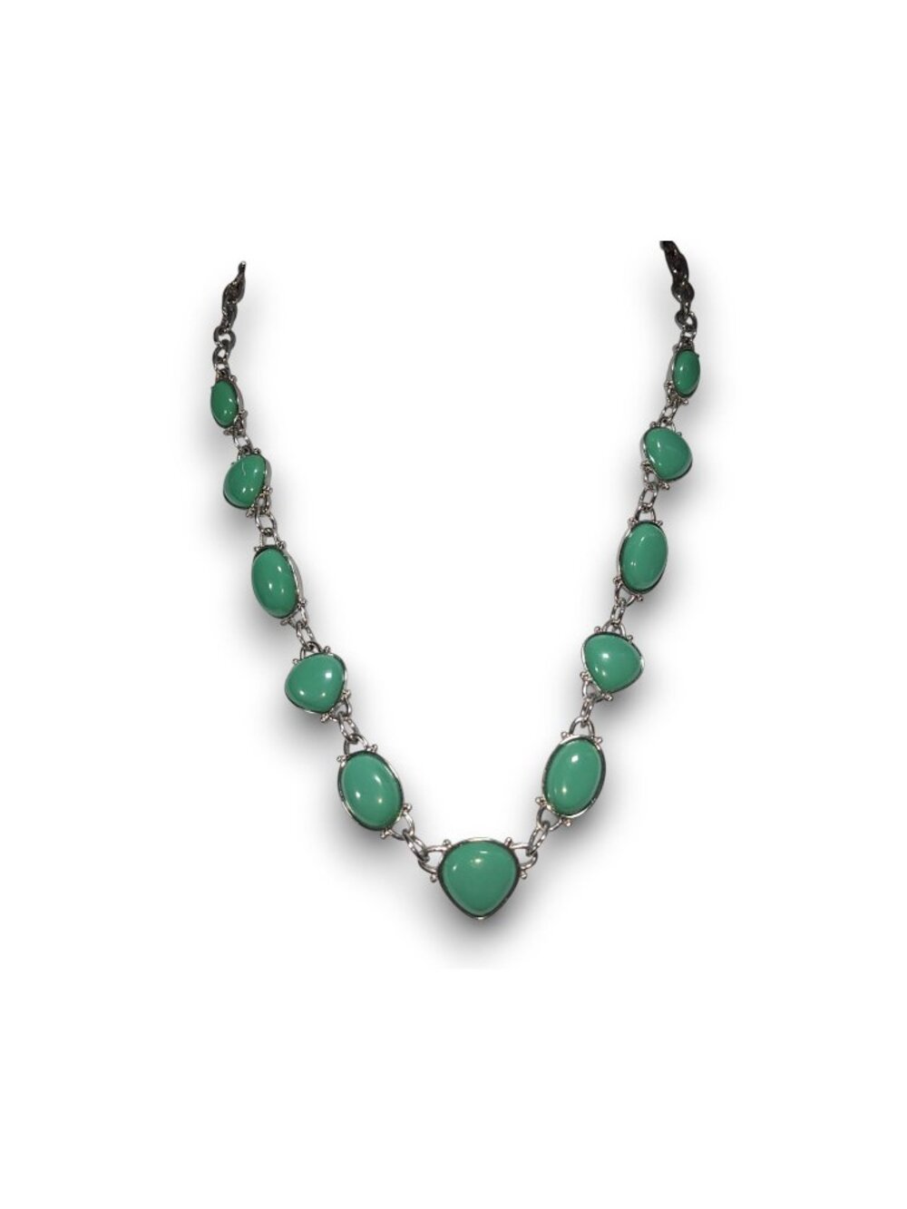 Boho Faux Stone Green Silver Tone Cabochon Necklace 16 Inch Preowned